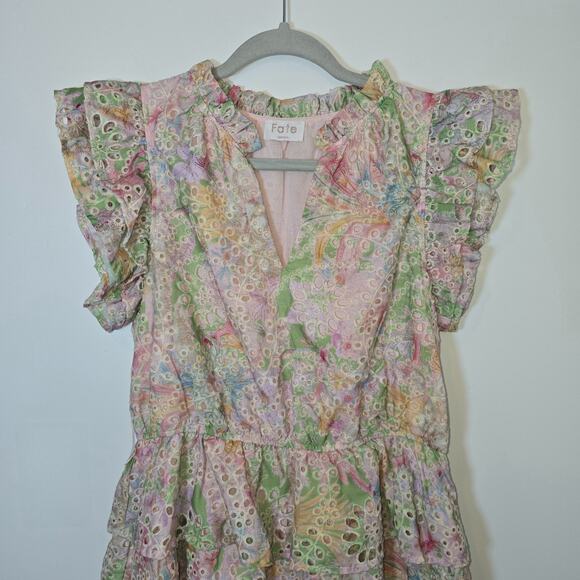 FATE Tiered Floral Dress Pink Sleeveless Eyelet Lined Womens Small V-Neck - Picture 3 of 11